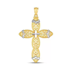 14K Yellow And White Gold Filigree Cross Charm Pendant