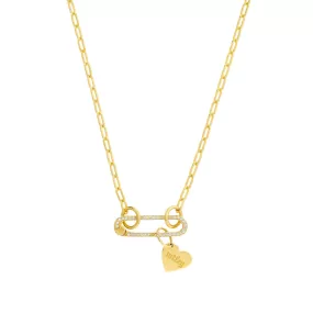 14k Yellow Gold Paper Clip Safety Pin Push Lock with Heart Diamond Necklace