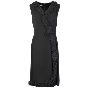 1960s Black Crepe Wrap Over Lace Ruffle Hem Dress