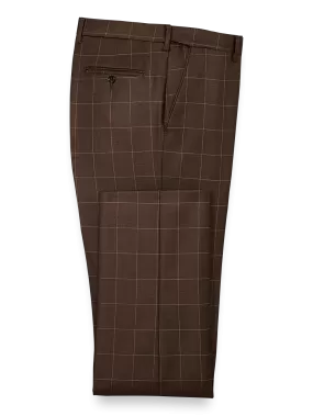 Classic Fit Essential Wool Flat Front Suit Pants - Brown Windowpane