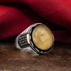 Facet Cut Yellow Zultanite Stone Circle Silver Men's Ring Siding Black Zircons