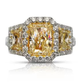 SAIFA 5 CARAT RADIANT CUT THREE STONE YELLOW DIAMOND ENGAGEMENT RING PLATINUM & 18K GOLD CERTIFIED MIKE NEKTA