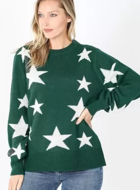 Star Bubble Sleeve Sweater-Hunter Green