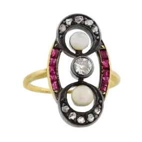 Victorian 14kt/Sterling Diamond, Ruby   Pearl Ring